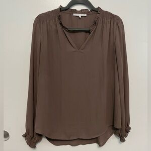 Violet + Claire Brown Ruffle Band Collar Blouse with Ruffle Cuff Sleeves Size: L